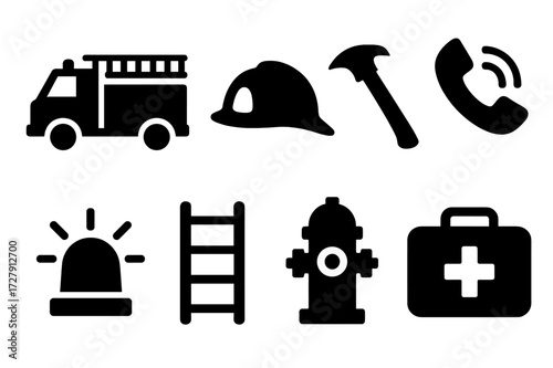 Fire Emergency Icons. Solid, filled icon set of fire emergency response: fire truck, firefighter helmet, fire axe, emergency phone, siren, rescue ladder, fire