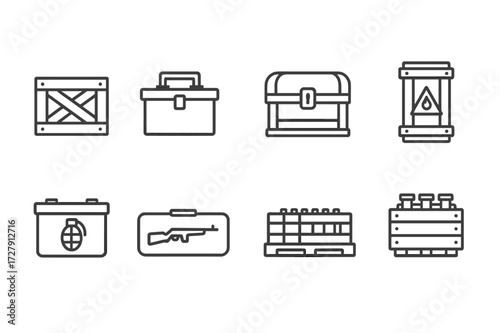 Weapon Crate Icons. Outline icon set of weapon crates: wooden crate, metal ammo box, locked chest, explosive container, grenade box, rifle case, ammunition