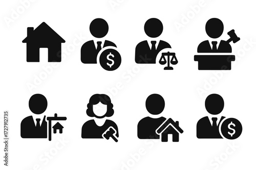 Foreclosure Participants Icons. Solid, filled icon set of foreclosure participants: homeowner, bank officer, lawyer, auctioneer, real estate agent, judge,