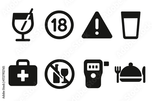 Safety and Moderation Icons. Solid, filled icon set of stirring safety and moderation: drink responsibly sign, age restriction, warning sign, water glass,