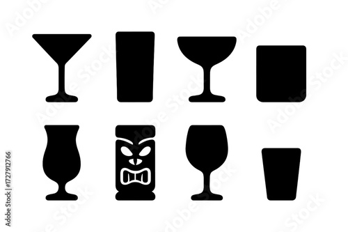 Cocktail Glass Icons. Solid, filled icon set of cocktail glasses: martini glass, highball glass, coupe glass, rocks glass, hurricane glass, tiki mug, wine