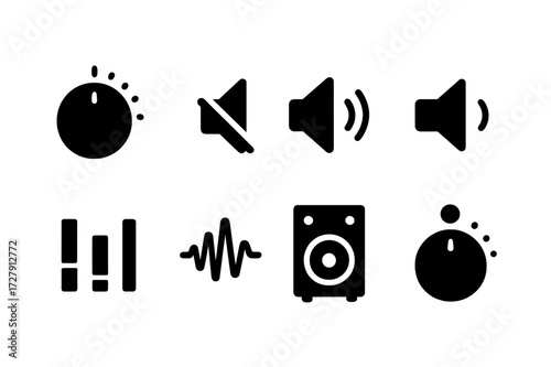 Audio Control Icons. Solid, filled icon set of loud volume controls: volume knob, mute button, volume up, volume down, equalizer, sound wave, amplifier, bass