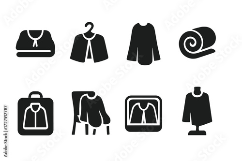 Cloak Storage Icons. Solid, filled icon set of cloak folding and storage: cloak folded, cloak on hanger, cloak draped, cloak rolled, cloak in bag, cloak on