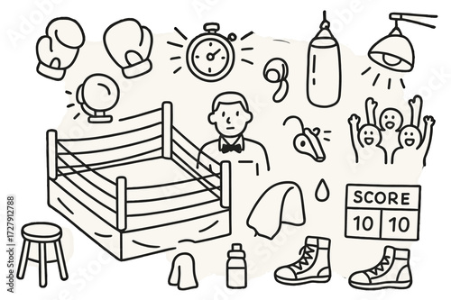 Boxing Match Doodles. Hand-drawn doodle illustration Boxing Match [boxing ring, gloves, referee, bell, stopwatch, punching bag, spotlight, cheering crowd,