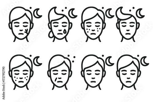 Night Skin Care Icons. Solid, filled icon set of night care skin types: dry skin, oily skin, combination skin, sensitive skin, acne-prone, mature skin, normal