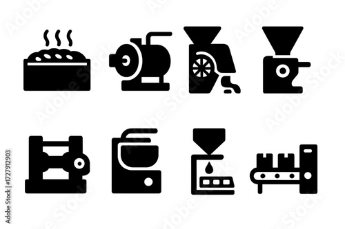 Cocoa Machinery Icons. Solid, filled icon set of cocoa processing machinery: fermenting box, roasting drum, winnower, grinder, conching machine, tempering