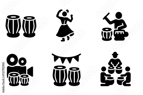 Tabla Cultural Icons. Solid, filled icon set of tabla history and culture: traditional music, classical dance, folk dance, devotional music, film score,