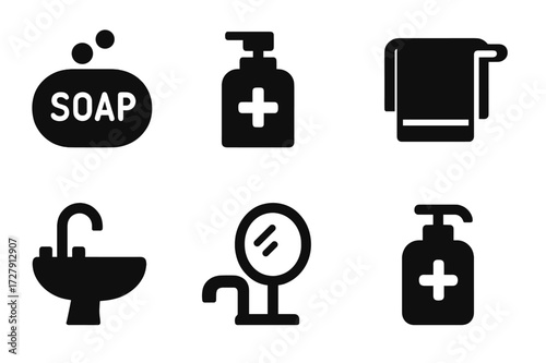 Hygiene Essentials Icons. Solid, filled icon set of soap-related hygiene items: soap bar, hand sanitizer, washcloth, towel, sink, faucet, mirror,