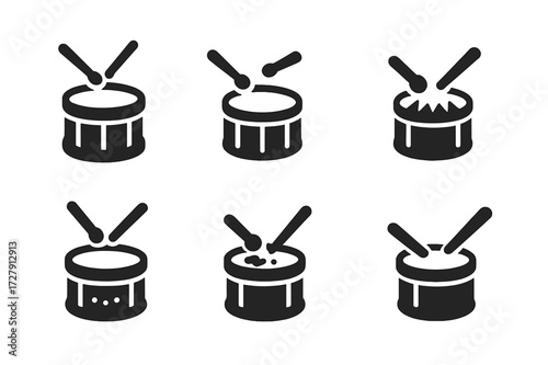 Drumline Technique Icons. Solid, filled icon set of drumline playing techniques: paradiddle, flam, drag, double stroke, buzz roll, rim shot, roll, ghost note.