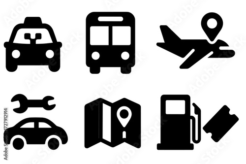 Transport Services Icons. Solid, filled icon set of transportation services: taxi, bus, airplane, bike rental, car repair, map, fuel station, ticket. [Line