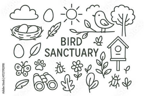 Bird Sanctuary Doodles. Hand-drawn doodle illustration Bird Sanctuary [bird, nest, egg, feather, tree, branch, cloud, sun, binoculars, birdhouse, butterfly,