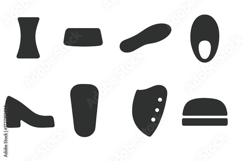 Heel Shoe Parts Icons. Solid, filled icon set of heel shoe parts: heel shaft, heel base, outsole, lining, vamp, tongue, eyelets, toe cap. Solid, filled icons