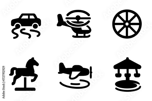 Spin Vehicles Icons. Solid, filled icon set of spin vehicles: spinning car drift, helicopter rotor, windmill, bicycle wheel, carousel horse, propeller plane,