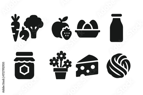 Farm Fresh Icons. Solid, filled icon set of landowner farm products: vegetables, fruits, eggs, milk bottle, honey jar, flowers, cheese, wool. Solid, filled
