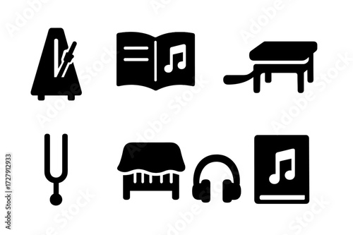 Piano Accessories Icons. Solid, filled icon set of piano accessories: metronome, sheet music, sustain pedal, piano bench, tuning fork, dust cover, headphones,