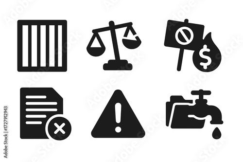 Corruption Consequences Icons. Solid, filled icon set of corruption consequences: jail cell, broken scales, protest sign, dollar burning, blacklist, warning