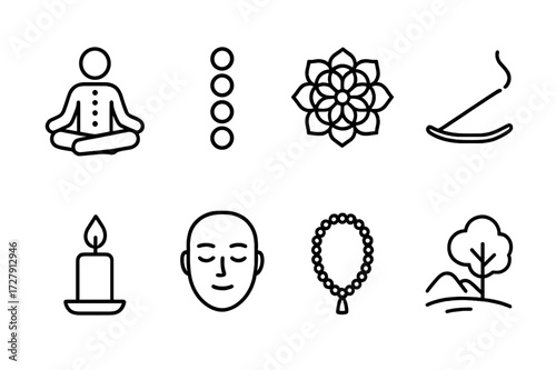 Meditation Icon Set. Outline icon set of meditation: lotus pose, chakras, mandala, incense, candle, peaceful face, prayer beads, nature. Line icons in only