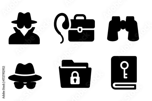 Secret Agent Icons. Solid, filled icon set of secret agents: spy silhouette, earpiece, briefcase, binoculars, fedora hat, sunglasses, secret file, codebook.