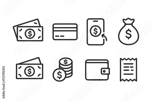 Lottery Payment Icons. Outline icon set of lottery payments: cash, credit card, mobile payment, money bag, banknotes, coins, wallet, receipt. Line icons in