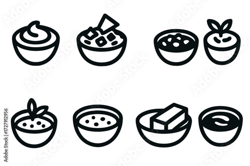 Diverse Dips Icons. Solid, filled icon set of spreads and dips: hummus, guacamole, salsa, tzatziki, baba ganoush, ranch dip, cream cheese, peanut butter. [Line