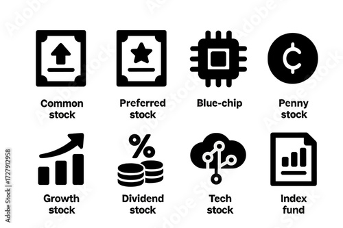 Stock Types Icons. Solid, filled icon set of stock types: common stock, preferred stock, blue chip, penny stock, growth stock, dividend stock, tech stock,