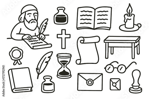 Medieval Scribe Icons. Hand-drawn doodle illustration Medieval scribe quill, ink bottle, manuscript, candle, wax seal, cross, scroll, desk, book, feather, sand