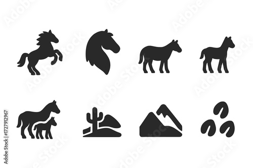 Wild Horse Icons. Solid, filled icon set of wild horses: mustang, stallion, mare, foal, herd, desert, mountain, hoofprints. Solid, filled icons in only black