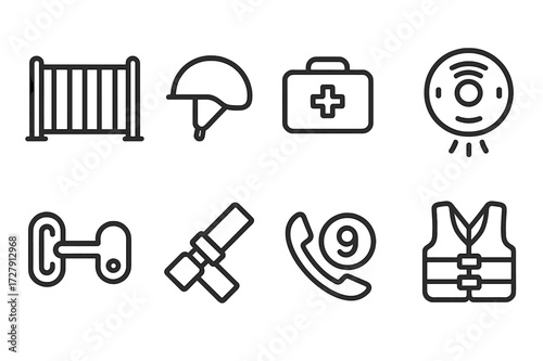 Child Safety Icons. Outline icon set of parents and children safety: baby gate, helmet, first aid kit, smoke detector, child lock, car seatbelt, emergency