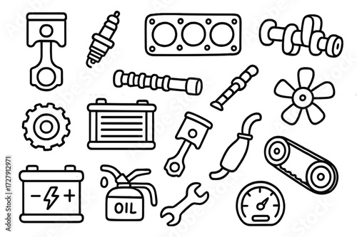 Engine Parts Doodle. Hand-drawn doodle illustration car engine parts piston, spark plug, cylinder head, crankshaft, camshaft, valve, fan, gear, radiator,
