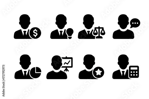 Venture Capital Icons. Solid, filled icon set of venture capital players: investor, entrepreneur, lawyer, advisor, analyst, board member, mentor, accountant.