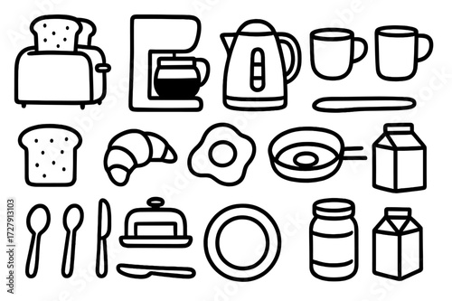 Breakfast Doodle Icons. Hand-drawn doodle illustration Breakfast station toaster, coffee maker, kettle, cup, mug, bread, croissant, egg, frying pan, spoon,