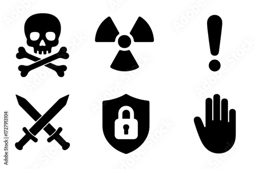 Forbidden Zone Icons. Solid, filled icon set of forbidden zone symbols: skull and crossbones, radioactive trefoil, biohazard logo, exclamation mark, crossed