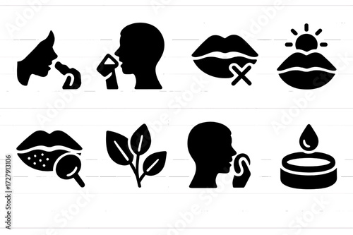 Lip Care Icons. Solid, filled icon set of lip care habits: applying balm, staying hydrated, avoiding licking lips, sun protection, gentle exfoliation, using