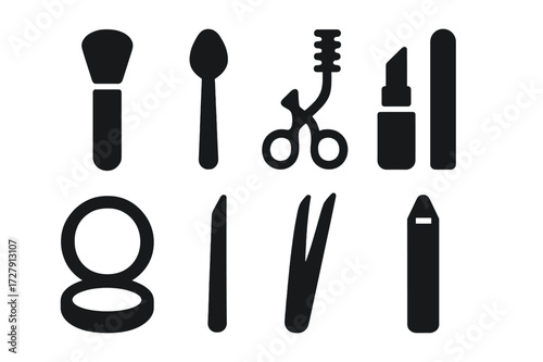 Makeup Tools Icons. Solid, filled icon set of makeup tools: makeup brush, sponge applicator, eyelash curler, tweezers, mascara wand, lipstick tube, compact