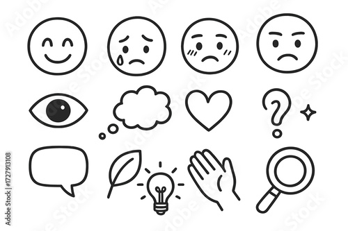 Emotional Doodle Icons. Hand-drawn doodle illustration [Subtle emotional hints] [smile, tear, blush, frown, eyebrow raise, eye, thought bubble, heart, small