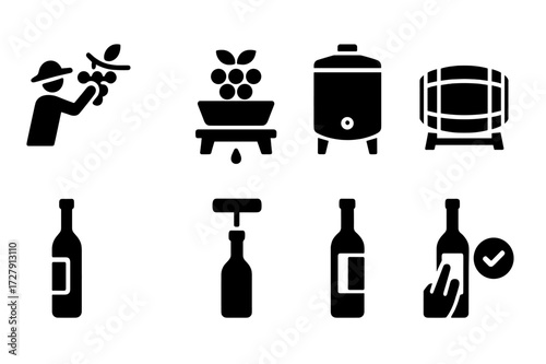 Wine Production Icons. Solid, filled icon set of wine production process: grape picking, crushing grapes, fermentation tank, barrel aging, bottling, cork
