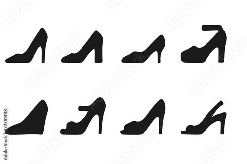 High Heel Icon Set. Solid, filled icon set of high heel shoe styles: stiletto, block heel, kitten heel, platform heel, wedge heel, ankle strap heel, peep toe