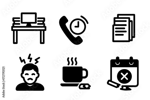 Workplace Stress Icons. Solid, filled icon set of workplace stress: overloaded desk, ringing phone, clock ticking, paper pile, stressed worker, coffee cup,