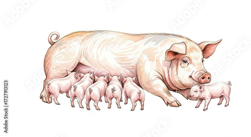 Illustration of a sow nursing several piglets in a grassy outdoor setting.