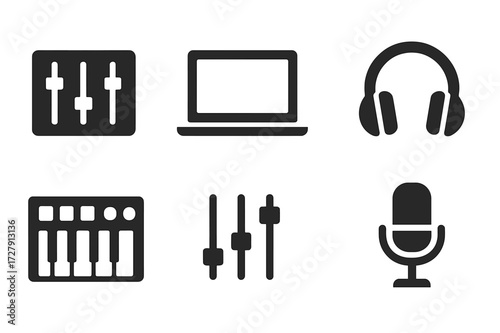 Music Tools Icons. Solid, filled icon set of music creation tools: mixing console, synthesizer, laptop, headphones, MIDI keyboard, audio wave, sound mixer,
