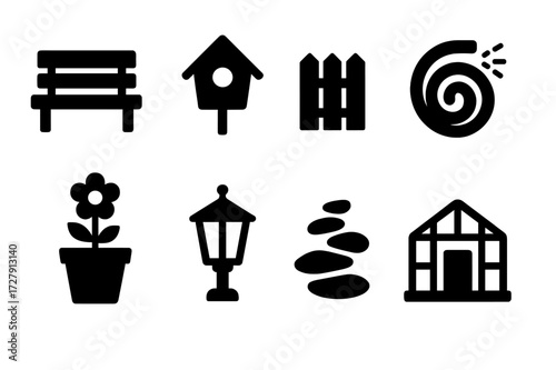 Garden Icon Set. Solid, filled icon set of garden elements: garden bench, birdhouse, garden fence, garden hose, flower pot, garden lantern, garden path,