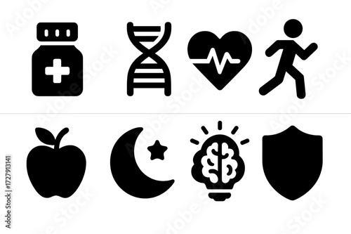 Lifespan Extension Icons. Solid, filled icon set of lifespan extension: medicine bottle, DNA helix, heart monitor, exercise icon, healthy food, sleep moon,