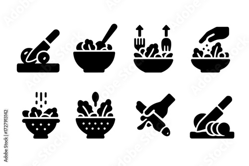 Salad Preparation Icons. Solid, filled icon set of salad preparation: chopping, mixing, tossing, plating, garnishing, washing, peeling, slicing. Line icons in