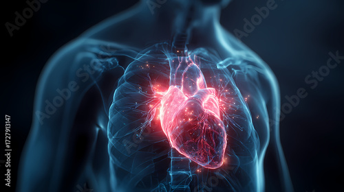 Glowing red heart in human chest anatomy
