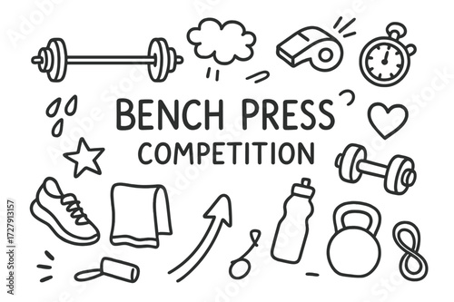 Gym Equipment Icons. Hand-drawn doodle illustration Bench press competition barbell, weight plates, whistle, stopwatch, sneakers, towel, chalk cloud, sweat