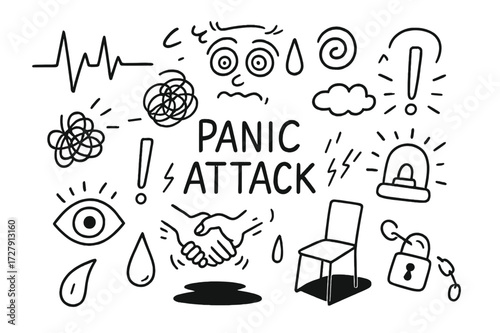 Panic Attack Icons. Hand-drawn doodle illustration Panic attack [heartbeat line, dizzy face, sweat drop, spiral, tangled line, exclamation mark, shaking hands,