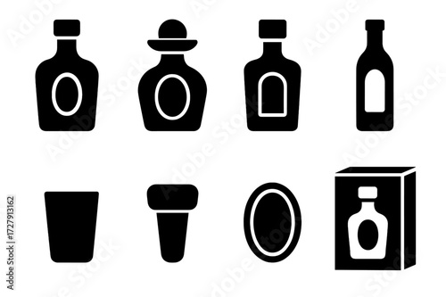 Tequila Icons Collection. Solid, filled icon set of tequila bottles and packaging: classic tequila bottle, reposado bottle, blanco bottle, anejo bottle,