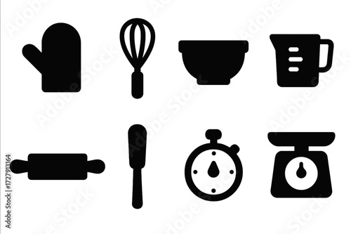 Baking Tools Icons. Solid, filled icon set of baking tools: oven mitts, whisk, mixing bowl, measuring cup, rolling pin, spatula, timer, kitchen scale. [Line