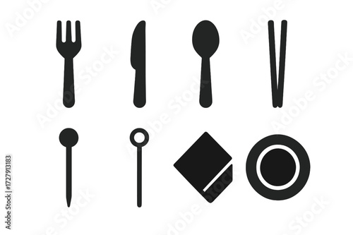Buffet Utensil Icons. Solid, filled icon set of buffet utensils: fork, knife, spoon, chopsticks, toothpick, skewer, napkin, plate. Solid, filled icons in only