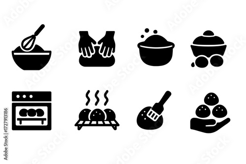 Bun Baking Icons. Solid, filled icon set of bun baking steps: mixing dough, kneading, proofing, shaping, baking, cooling, glazing, serving. Solid, filled icons